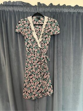 Anna Sui Silk Black Floral Wrap Mini Dress with Ruffle